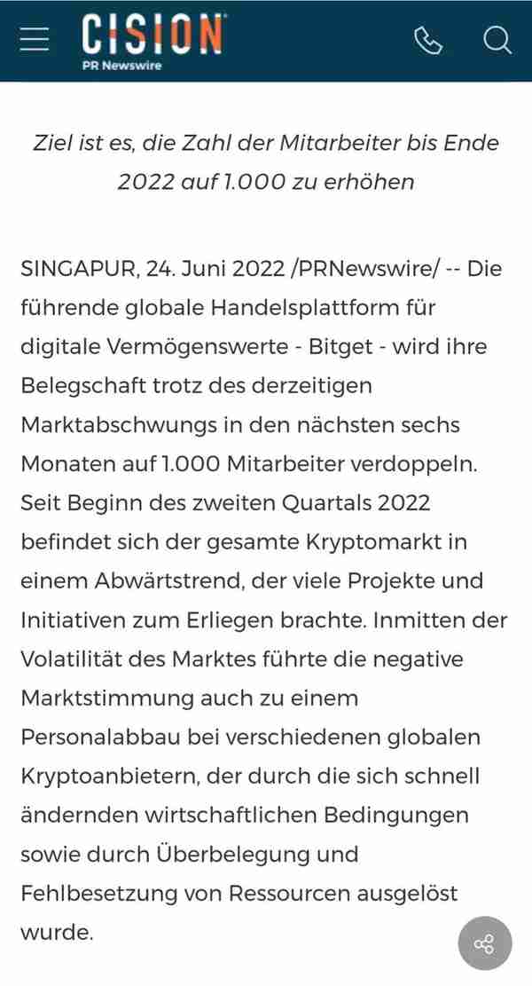 Bitget交易所计划在未来六个月内将员工人数增加至1000人