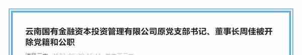 云南国有金融资本投资管理有限公司原党支部书记、董事长周佳被开除党籍和公职