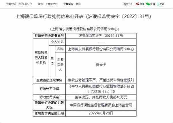 催收业务管理不严，浦发银行、招商银行两家信用卡中心各被罚40万