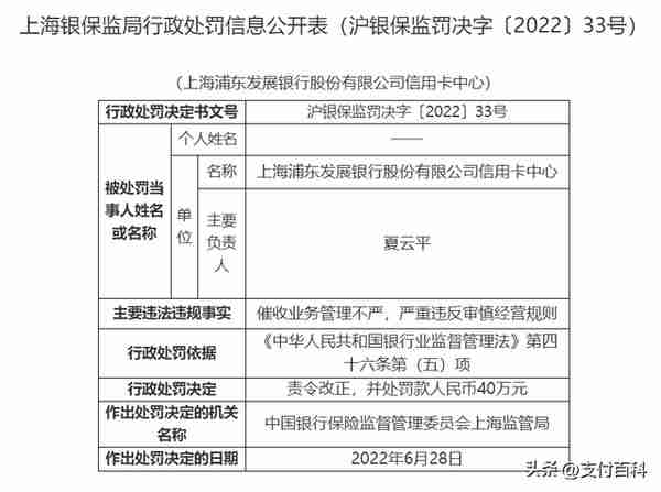 浦发信用卡中心被处罚50万、成为法院被执行人，责任人被警告